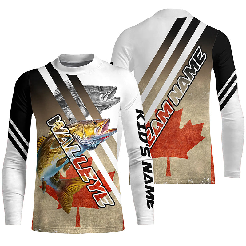Personalized Walleye fishing Canadian flag patriotic performance long sleeve fishing jerseys for Kid NQS7113
