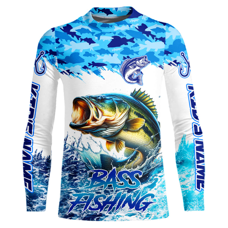Bass fishing Blue ocean camo Custom UV protection Kid long sleeve shirt, Bass Fishing jerseys NQS9341