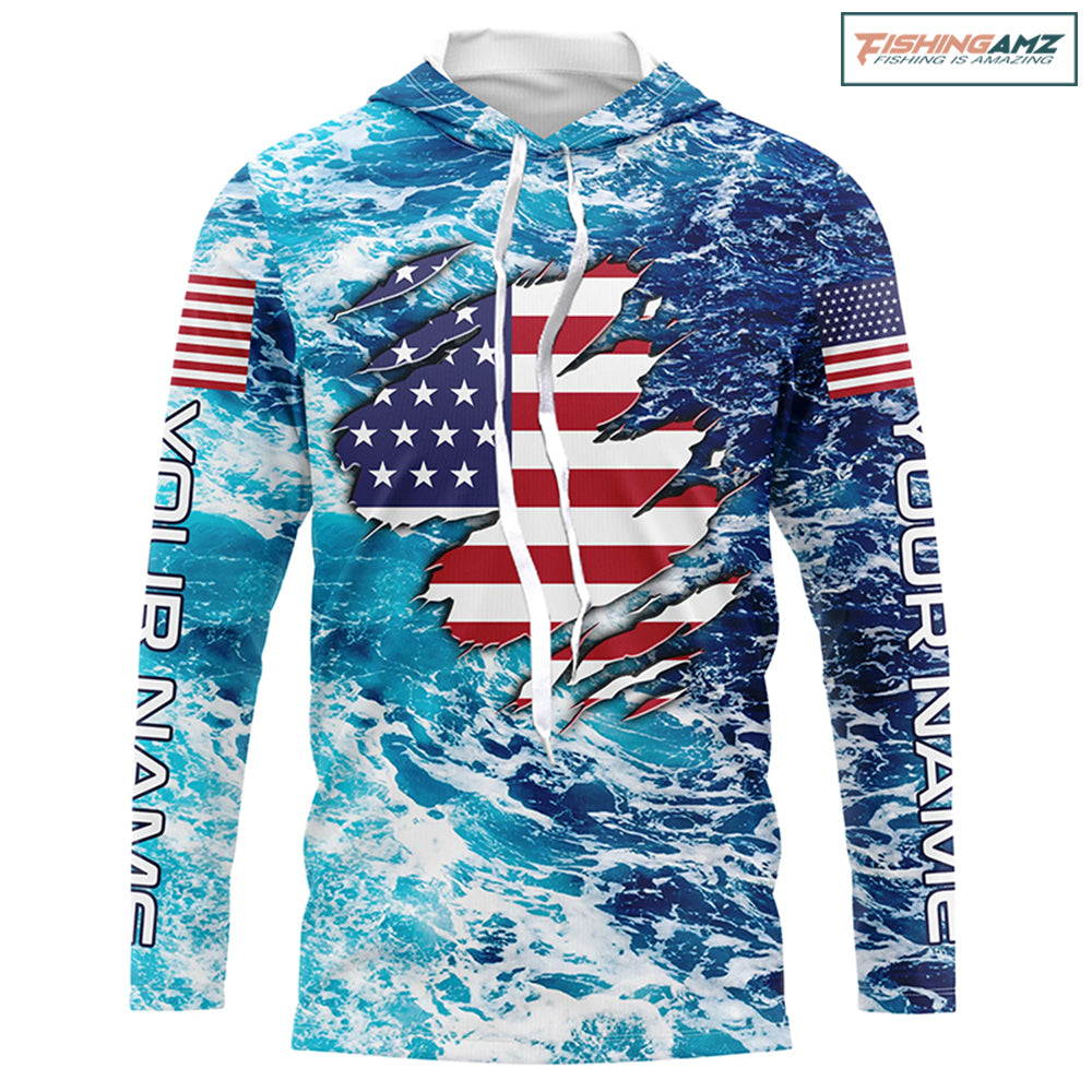 Blue sea wave ocean camo American flag patriot shirt Custom sun protection fishing long sleeve shirts NQS5429