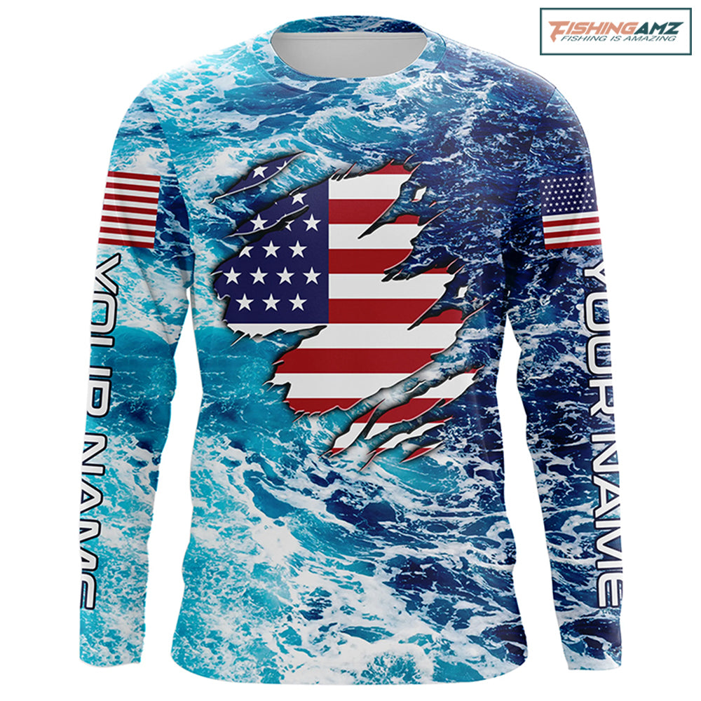Blue sea wave ocean camo American flag patriot shirt Custom sun protection fishing long sleeve shirts NQS5429