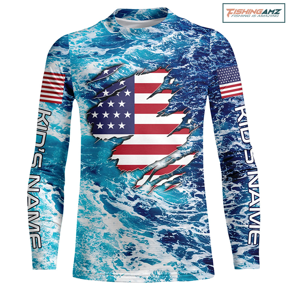 Blue sea wave ocean camo American flag patriot shirt Custom Kid long sleeve Shirts NQS5429