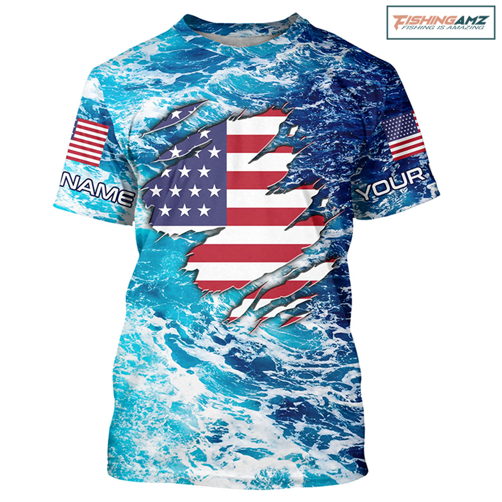 Blue sea wave ocean camo American flag patriot shirt Custom sun protection Fishing T-shirt NQS5429