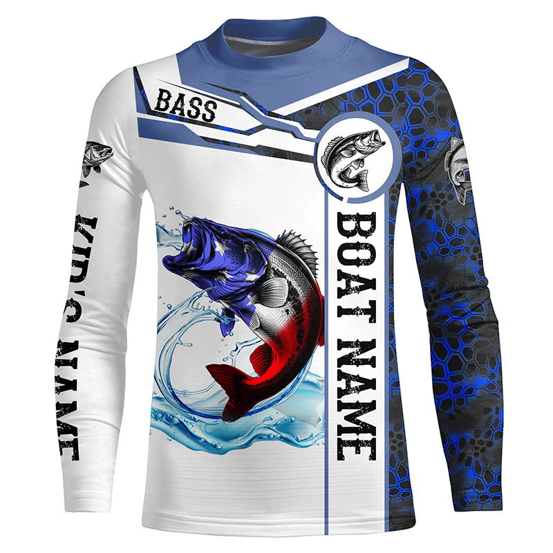 Bass Fishing blue camo American Flag Custom name & boat name performance Kid long sleeve Fishing Shirt NQS5190