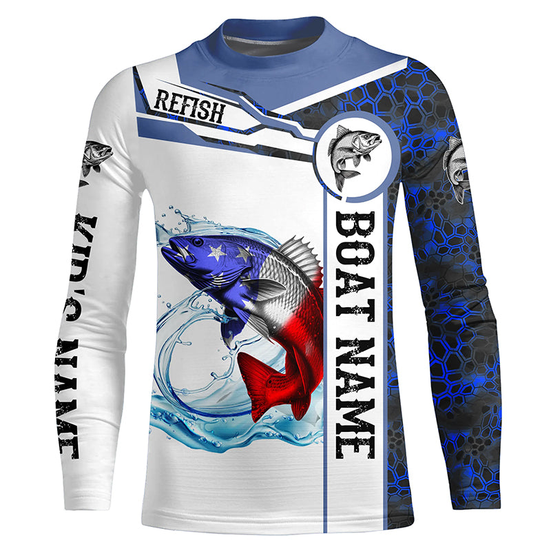 Redfish Fishing blue camo US Flag Custom name & boat name performance Kid long sleeve Fishing Shirt NQS5191
