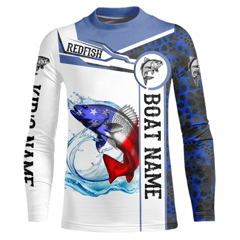 Redfish Fishing blue camo US Flag Custom name & boat name performance Kid long sleeve Fishing Shirt NQS5191