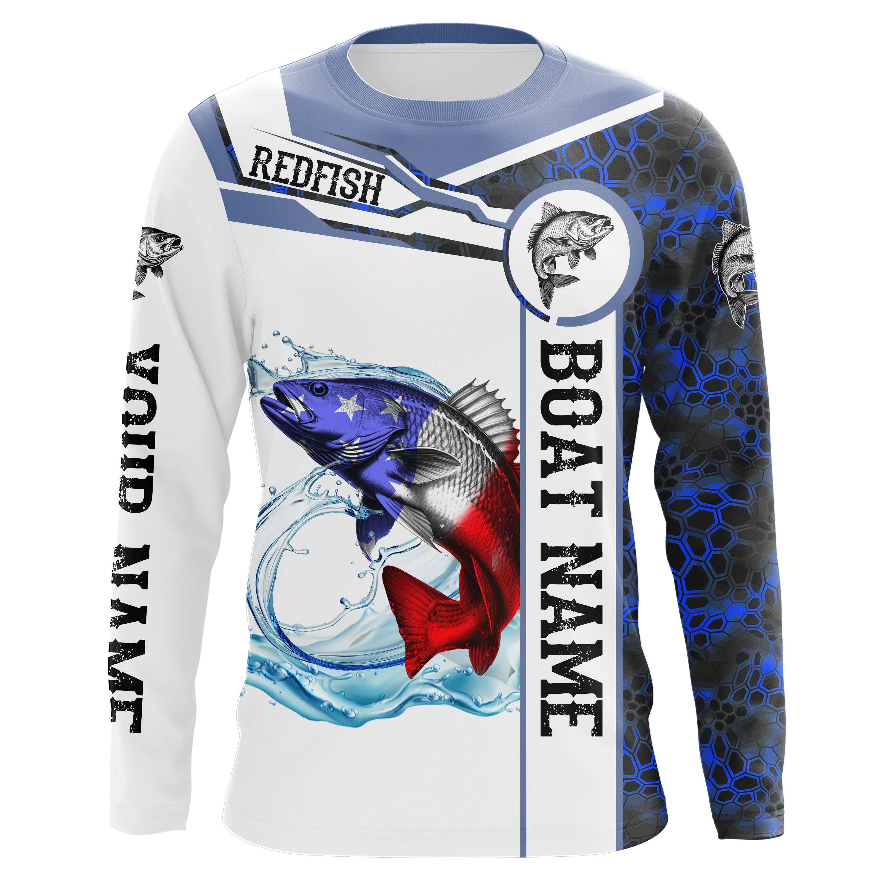Redfish Fishing blue camo American Flag Custom name & boat name performance Long Sleeve Fishing Shirts NQS5191