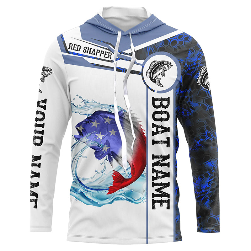 Red snapper Fishing blue camo American Flag Custom name and boat name Long Sleeve Fishing Shirts NQS5192