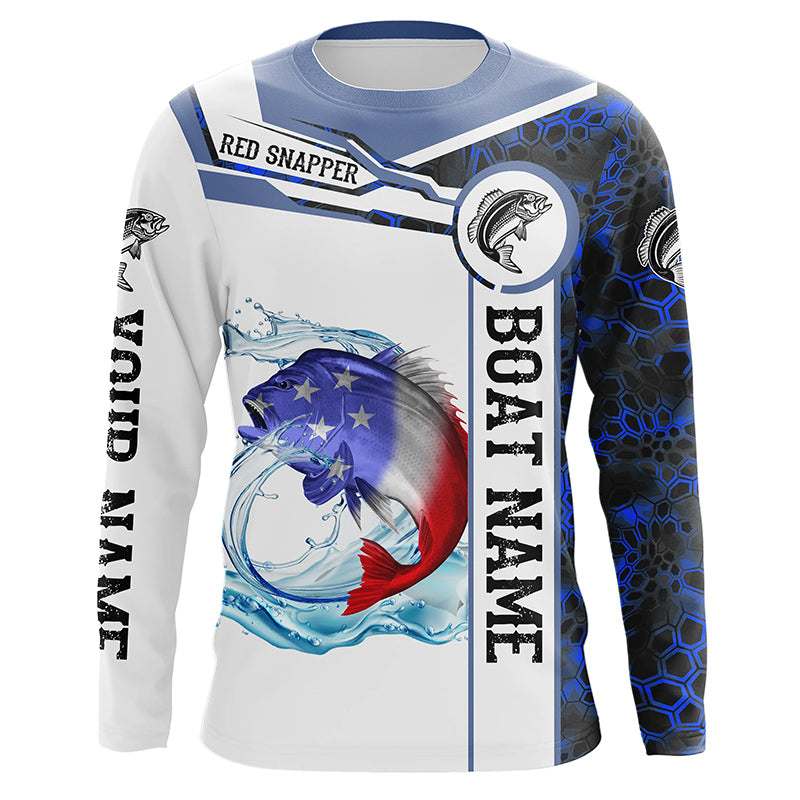 Red snapper Fishing blue camo American Flag Custom name and boat name Long Sleeve Fishing Shirts NQS5192