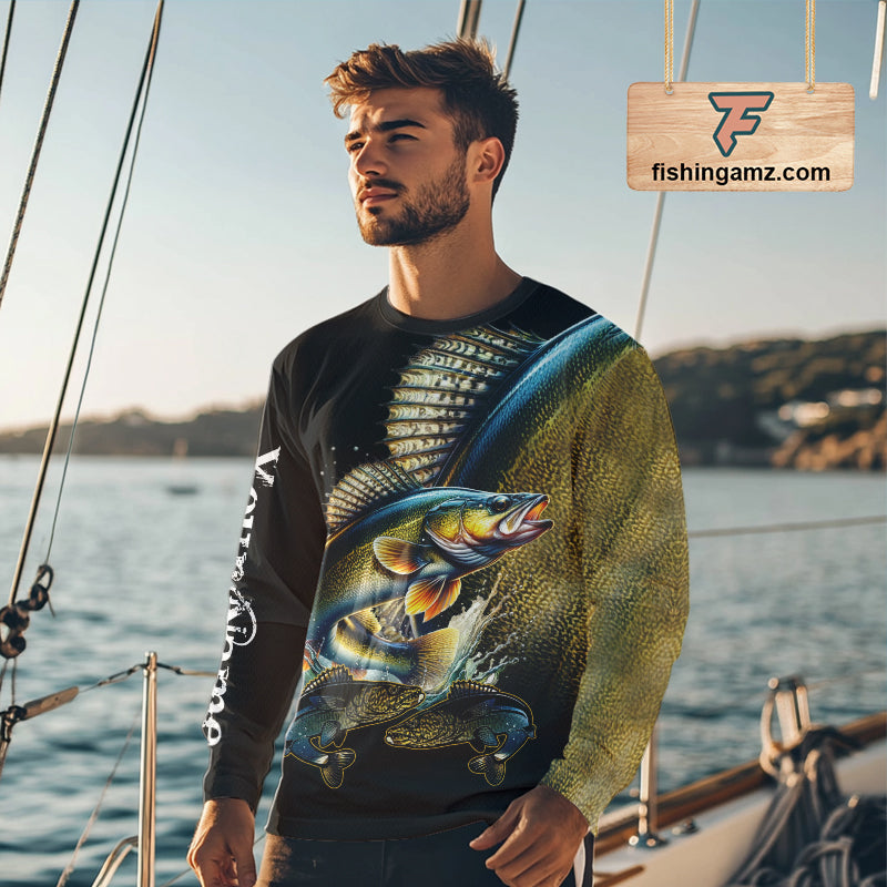 Walleye fishing yellow scales Custom walleye fishing shirts tournament fishing jerseys NQS11031