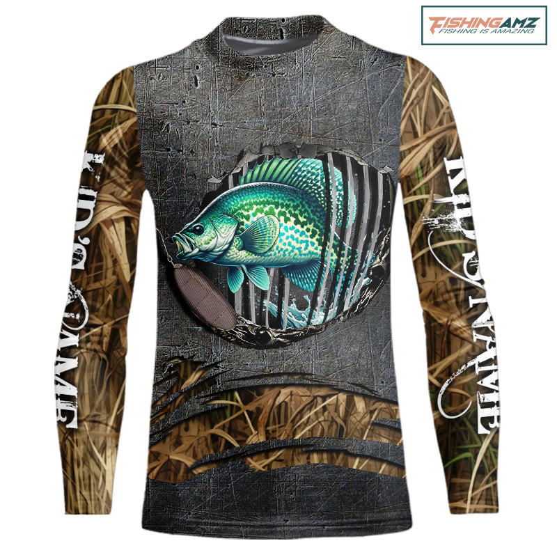 Crappie fishing camo metal grunge pattern Custom Crappie tournament Kid Long Sleeve Fishing Shirts NQS11032