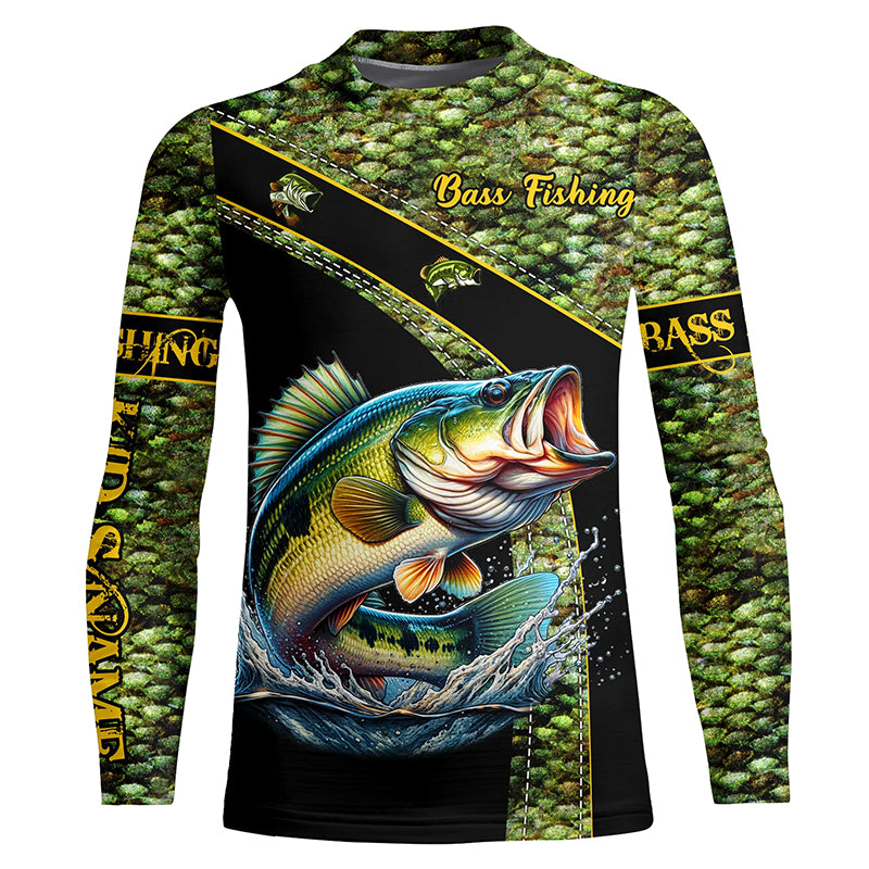 Largemouth Bass fishing green bass scales Custom name Bass fishing Kid Long Sleeves shirts NQS4888