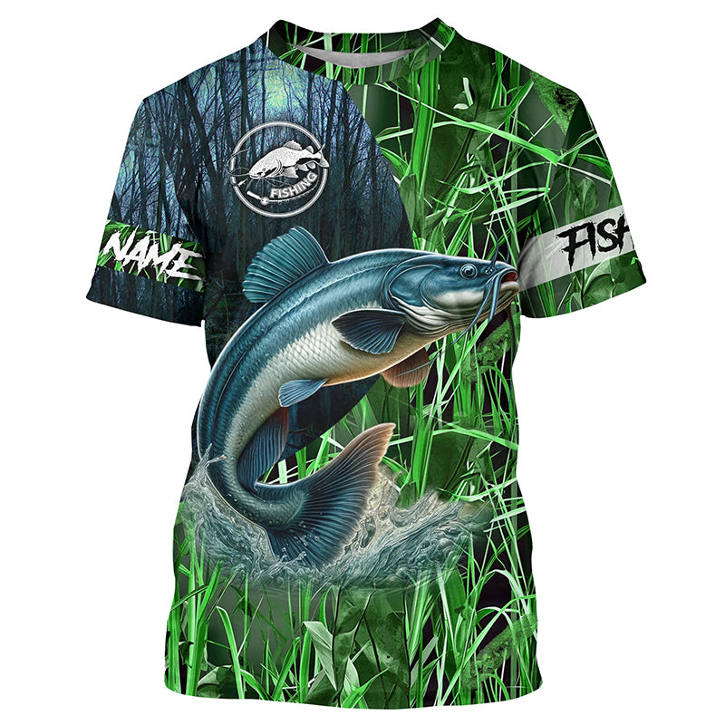 Catfish fishing green camouflage fishing clothing Customize fishing T-shirt, gift for fisherman NPQ454