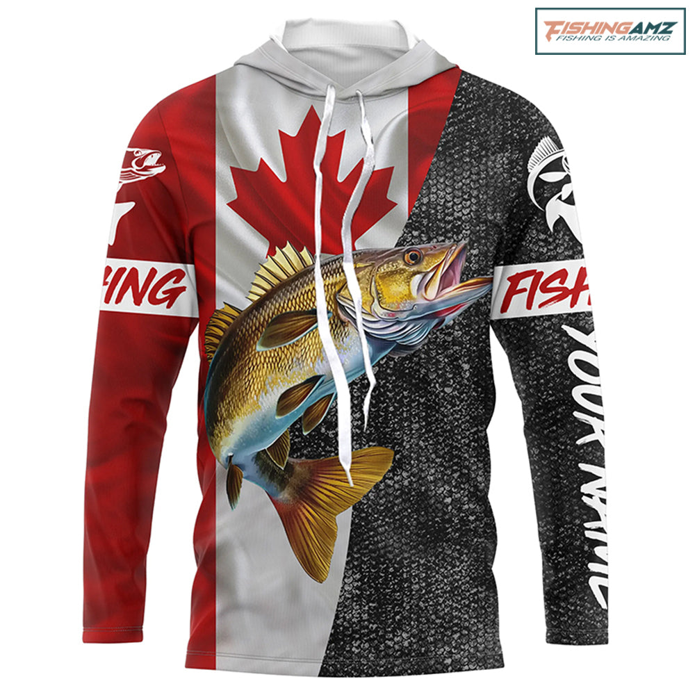 Personalized Walleye Fishing Jerseys, Custom Canadian flag Walleye Long sleeve, Long Sleeve Hooded NQS4897