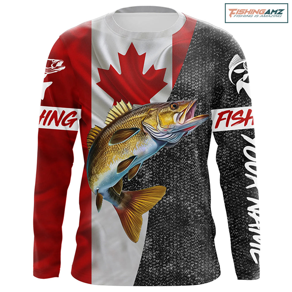 Personalized Walleye Fishing Jerseys, Custom Canadian flag Walleye Long sleeve, Long Sleeve Hooded NQS4897