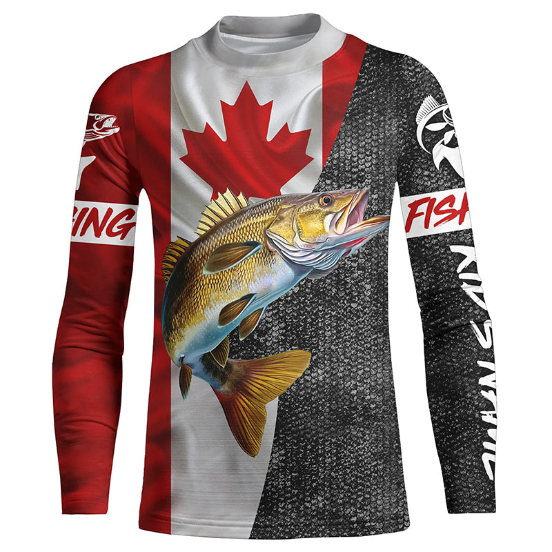 Personalized Walleye Fishing Jerseys, Custom Canadian flag Walleye fishing Kid Long Sleeves shirts NQS4897