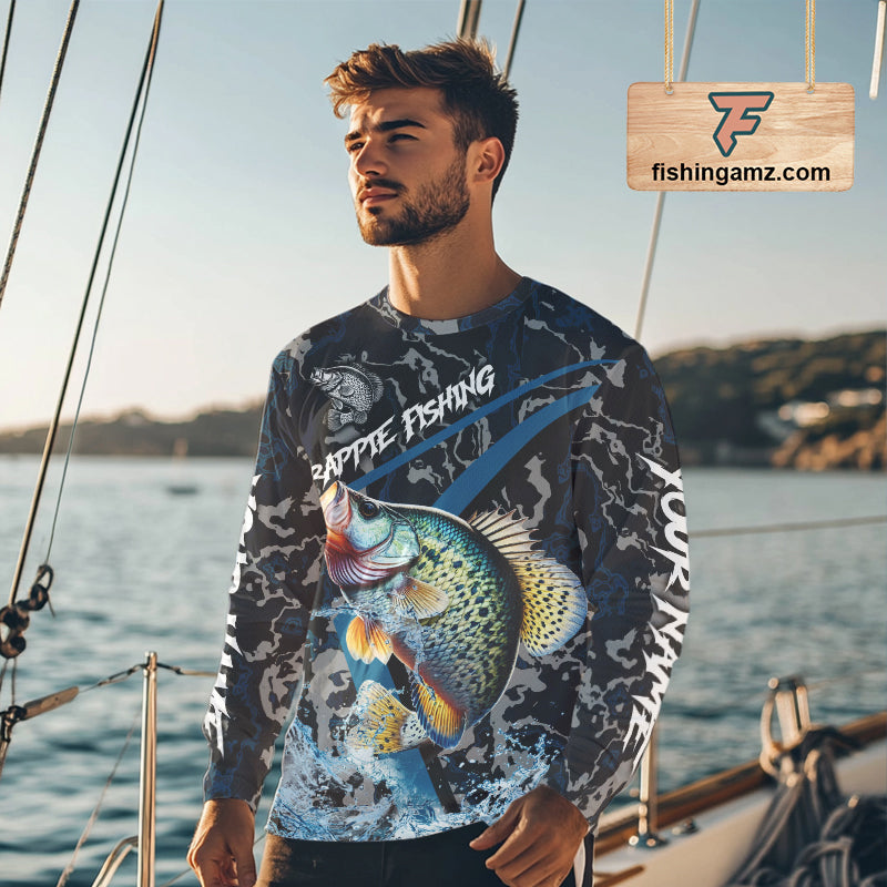 Custom Crappie Fishing Camo Long Sleeve Fishing Shirts, Personalized Crappie Fishing Team Jerseys NQS9678