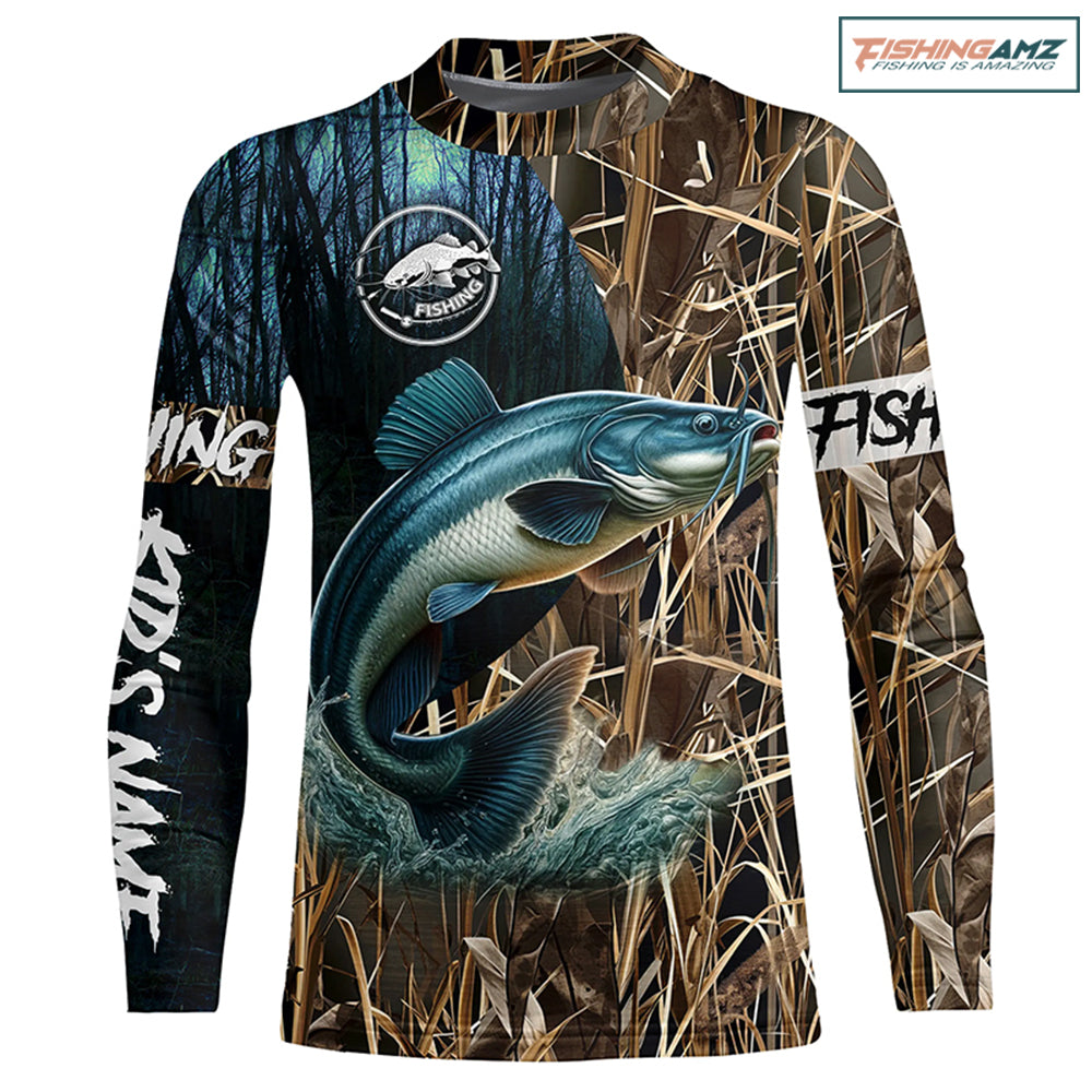 Catfish Fishing Camo performance fishing shirt UV protection Custom name Kid long sleeves NPQ4