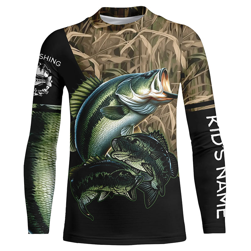 Bass fishing green scales camo Custom name bass fishing shirts jerseys | Kid Long Sleeves NPQ895