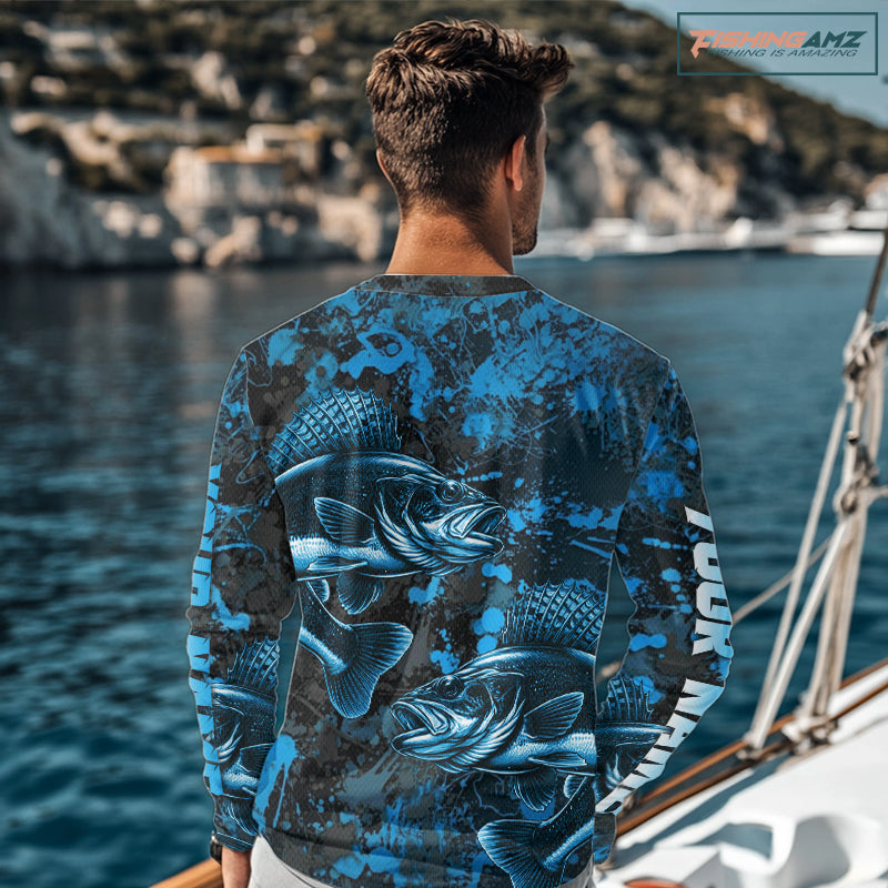 Blue Camo Walleye Fishing Long sleeve Shirts Custom Walleye performance fishing apparel NQS11061