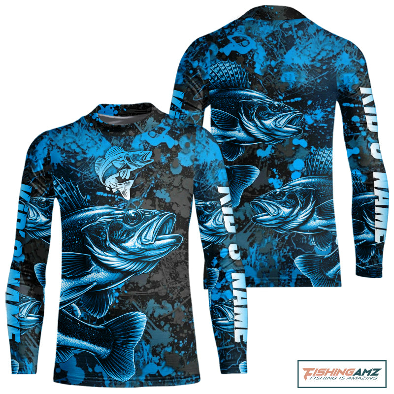 Blue Camo Walleye Fishing Long Sleeve Shirt For Kid Custom Walleye performance fishing apparel NQS11061