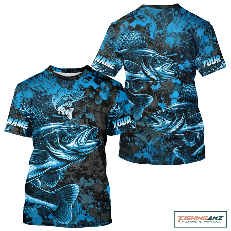 Blue Camo Walleye Fishing T-shirts Custom Walleye performance fishing apparel NQS11061