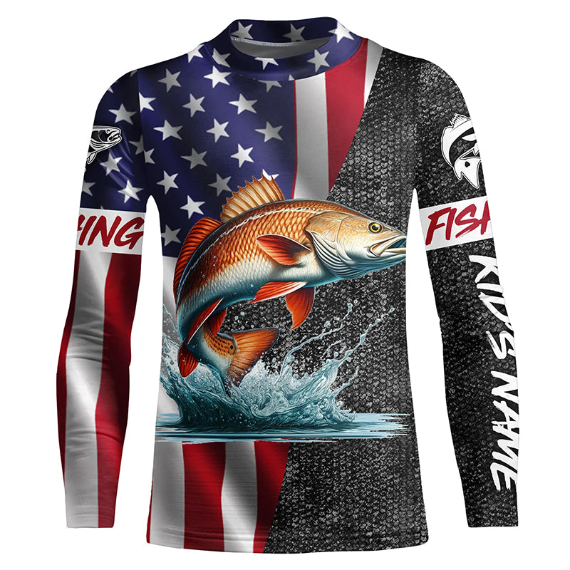 American Flag patriotic redfish Fishing Jerseys, Personalized red drum kid Long Sleeves shirt NQS4957