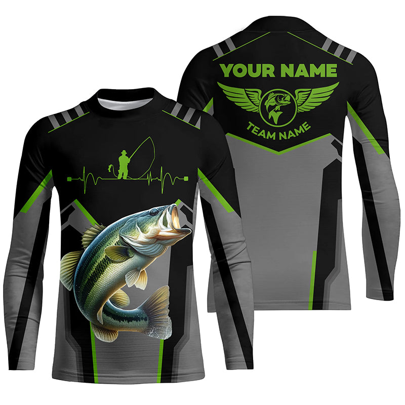 Personalized Black Bass Fishing jerseys, Team Bass Fishing Kid Long Sleeve tournament shirts | Green NQS6190