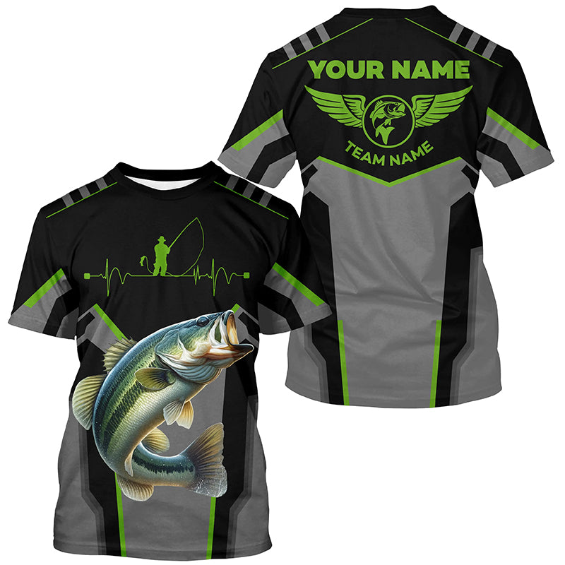 Personalized Black Bass Fishing jerseys, Team Bass Fishing tournament T-shirts | Green NQS6190