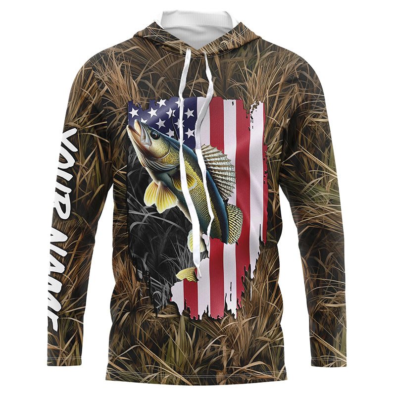 American flag Walleye fishing camo Customize Name UV protection long sleeves fishing shirt NPQ86