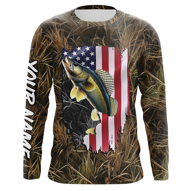 American flag Walleye fishing camo Customize Name UV protection long sleeves fishing shirt NPQ86