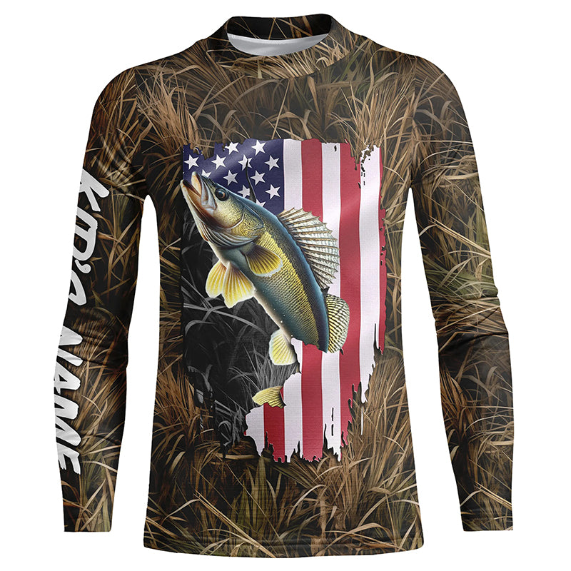 American flag Walleye fishing camo Customize Name UV protection long sleeves fishing shirt for kid NPQ86