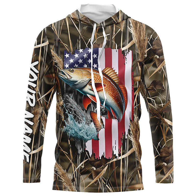 American flag Redfish fishing camo Customize Name long sleeves fishing shirt for men NPQ85