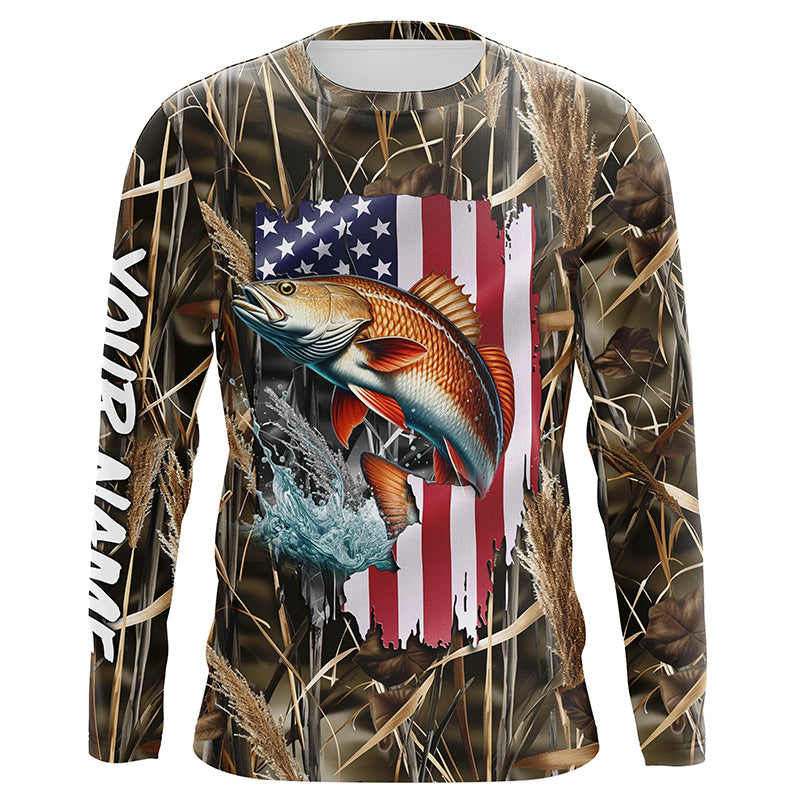 American flag Redfish fishing camo Customize Name long sleeves fishing shirt for men NPQ85