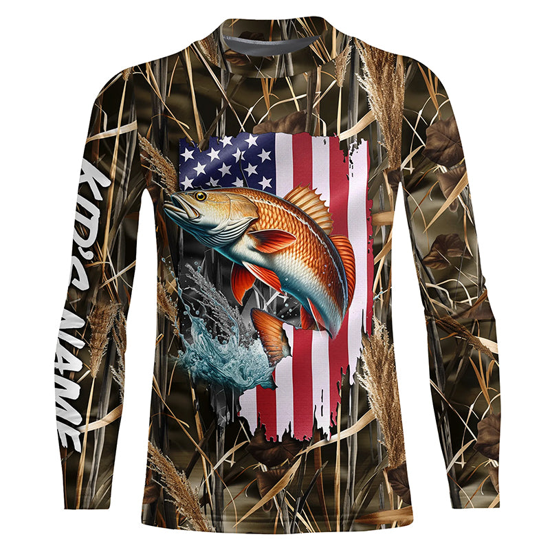 American flag Redfish fishing camo Customize Name long sleeves fishing shirt for kid NPQ85