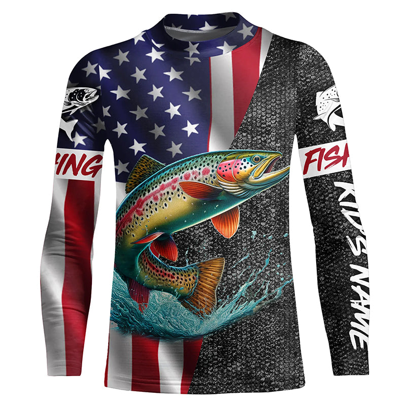 American Flag Rainbow trout Fishing Custom Kid long sleeve performance Fishing Shirts, Fishing jerseys NQS7884