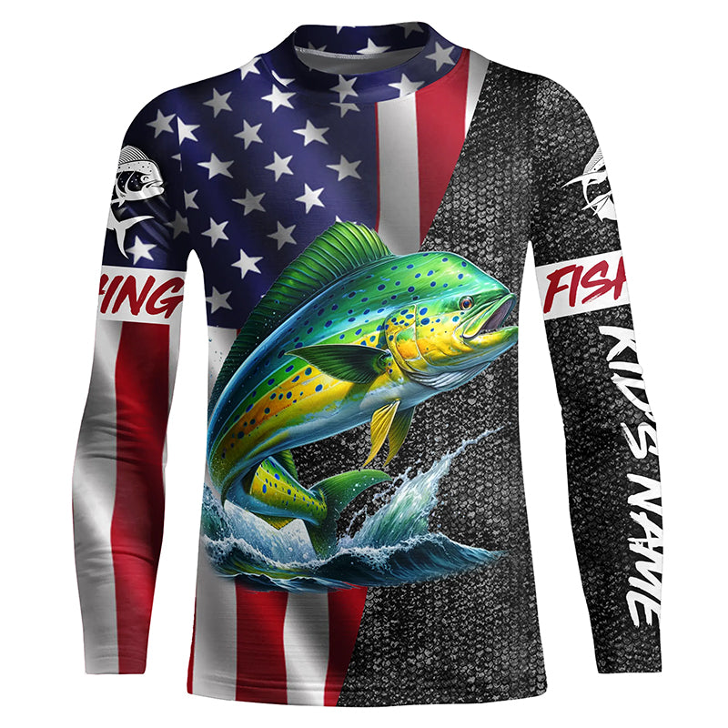 American Flag Mahi Mahi (Dorado) Fishing Custom Kid long sleeve performance Fishing Shirt NQS7885
