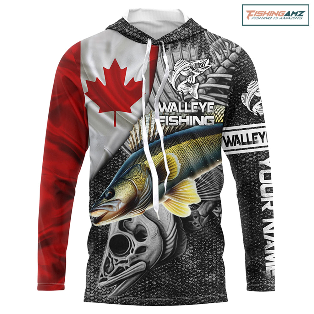 Canadian Flag Walleye Fishing skull reaper Custom fishing jerseys | Long sleeve, Long Sleeve Hooded NPQ787
