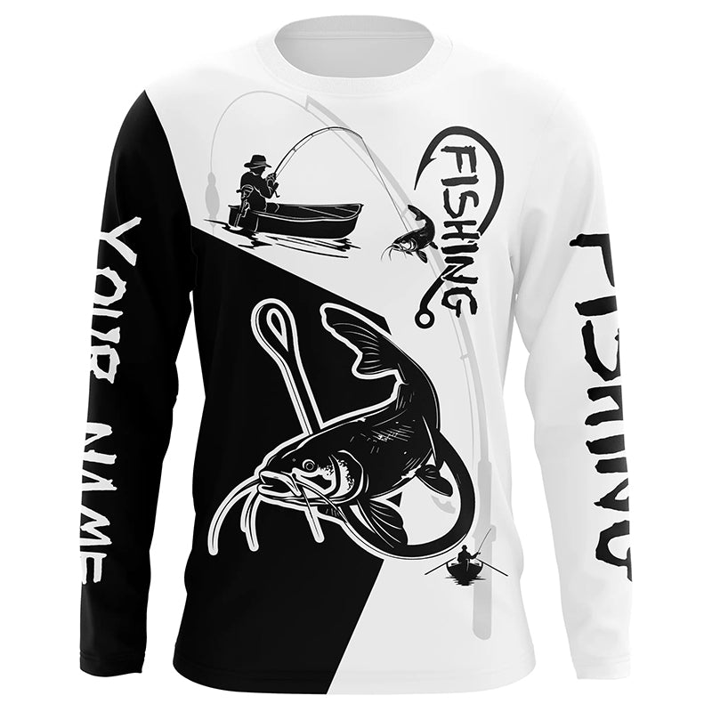 Black and white Catfish Fishing Customize Name UV protection long sleeves fishing shirt for men NPQ106