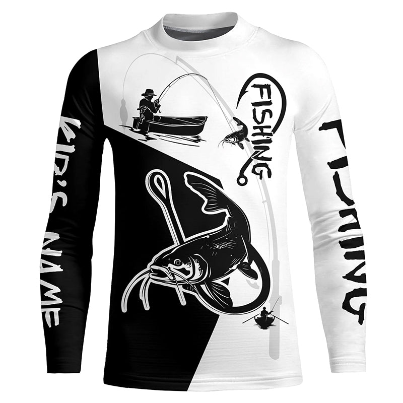 Black and white Catfish Fishing Customize Name UV protection long sleeves fishing shirt for kid NPQ106