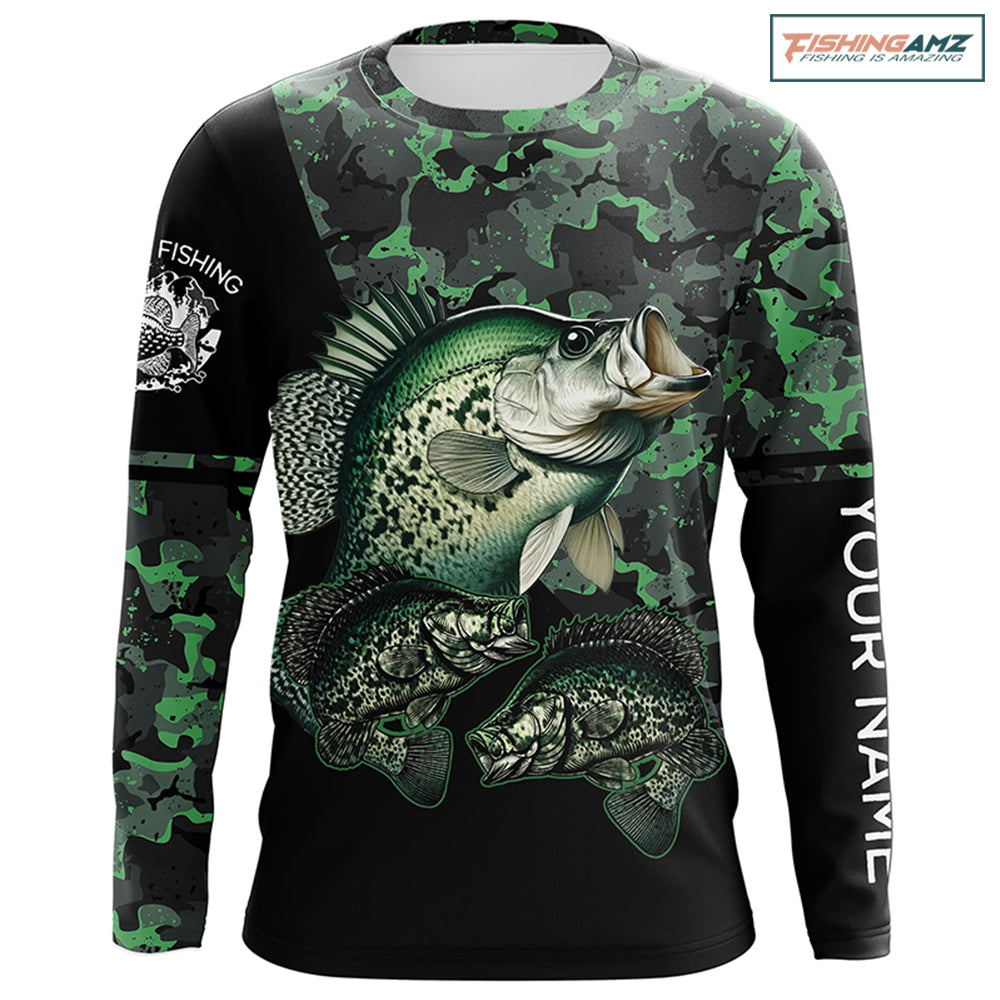 Crappie fishing black green camo Custom name Long sleeve, Long Sleeve Hooded NPQ937