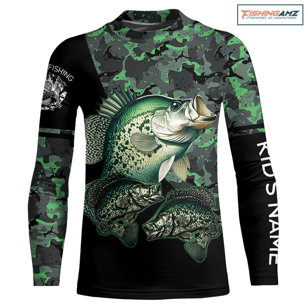 Crappie fishing black green camo Custom name fishing shirts jerseys | Kid Long Sleeves NPQ937