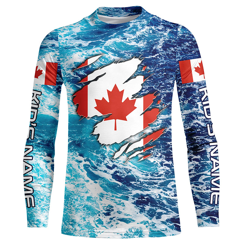 Blue sea wave ocean camo Canadian flag patriot shirt Custom sun protection Kid long sleeve shirts NQS5580