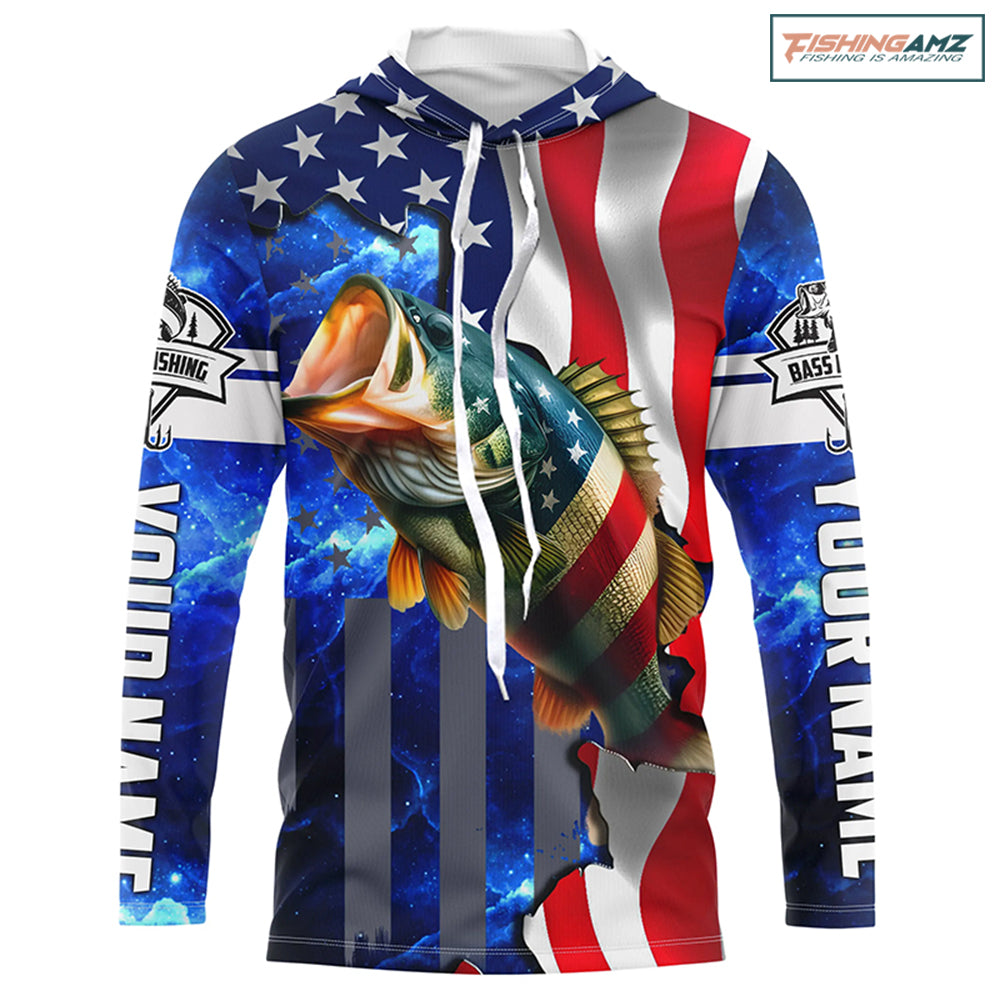 Bass Fishing American Flag patriotic UV protection Custom name long sleeves fishing shirt for men NPQ2