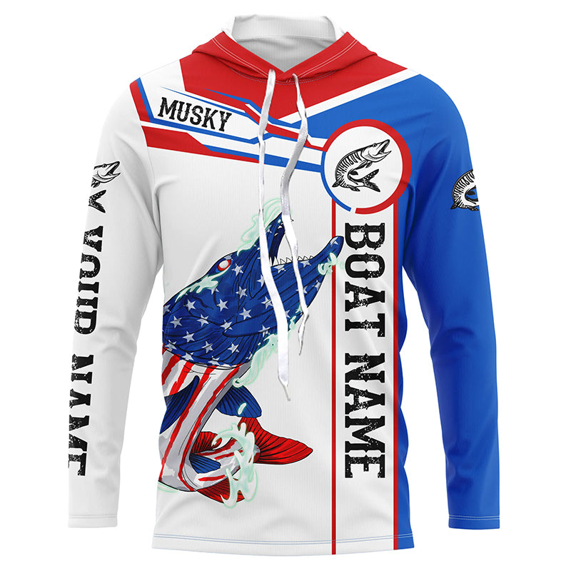 Angry Musky American flag patriotic fishing Custom name and boat name long sleeve fishing shirts NQS5601