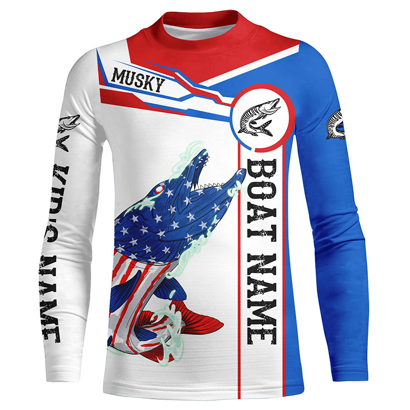 Angry Musky American flag patriotic fishing Custom name and boat name Kid long sleeve fishing shirts NQS5601