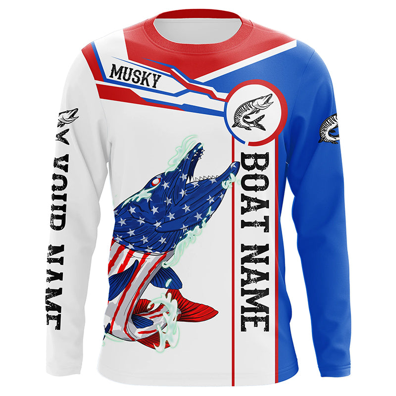 Angry Musky American flag patriotic fishing Custom name and boat name long sleeve fishing shirts NQS5601