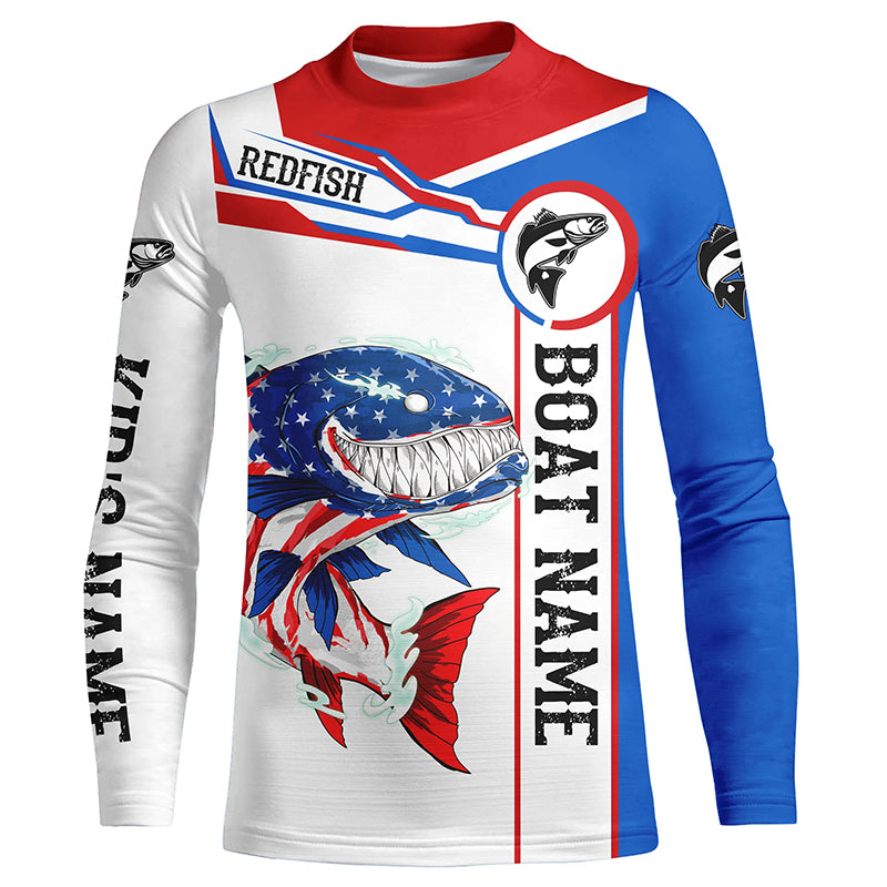 Angry Redfish drum American flag patriotic fishing Custom boat name Kid long sleeve fishing shirts NQS5602