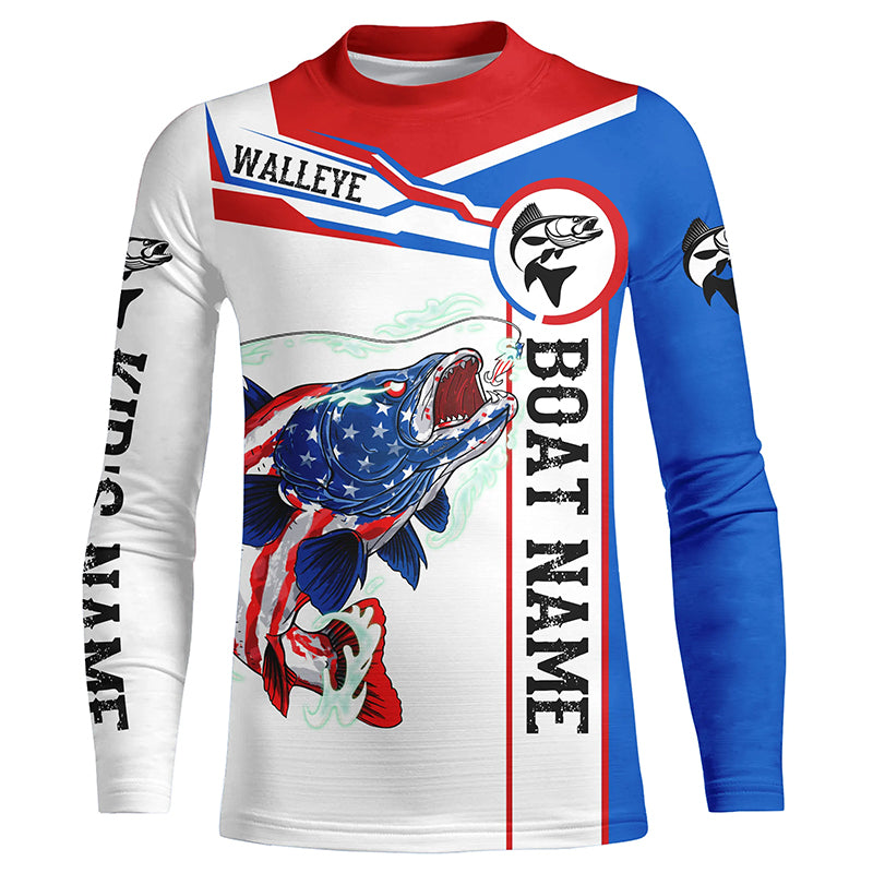 Angry Walleye American flag patriotic fishing Custom name and boat name Kid long sleeve fishing shirts NQS5603