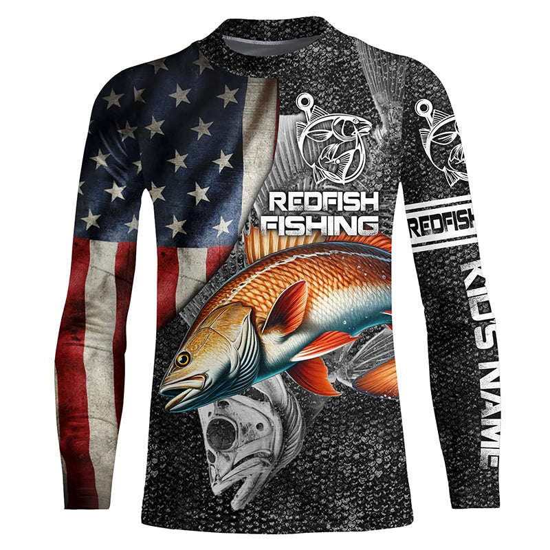 Redfish American flag patriotic Customize Name UV protection long sleeves fishing shirt for kid NPQ59