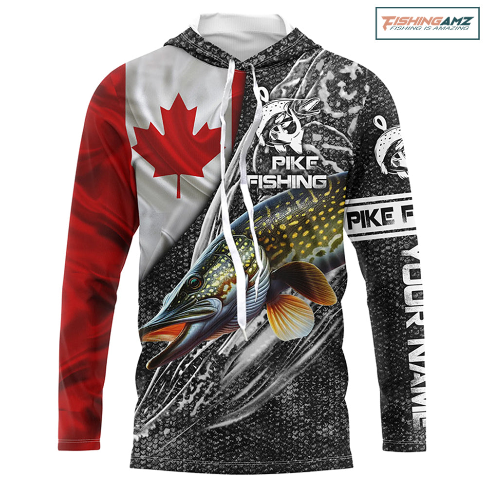 Canadian Flag Northern Pike Fishing skull Custom Long sleeve fishing jerseys NPQ792